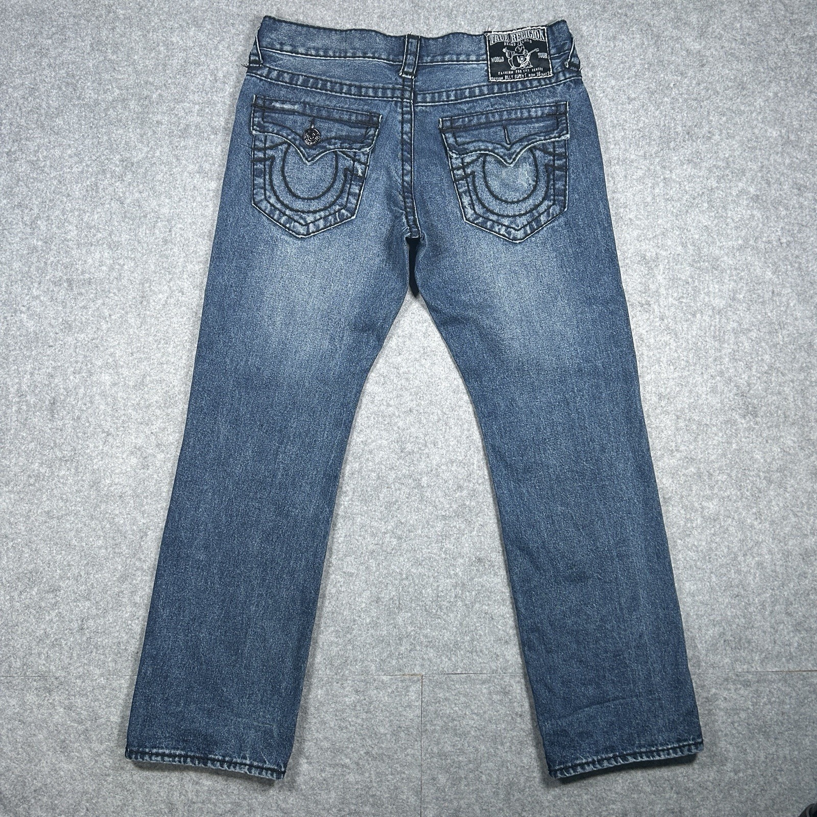 True Religion Jeans Billy Super T 36x34 Blue Faded Denim Big Black Stitching